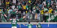 Jogadores do Palmeiras comemoram vaga na semifinal da Libertadores  Foto: Riquelve Nata/Sports Press Photo/Getty Images