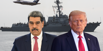 Imagens do presidente venezuelano Nicol&aacute;s Maduro e do presidente dos EUA, Donald Trump, em frente a um navio de guerra com um ca&ccedil;a americano no c&eacute;u.  Foto: BBC News Brasil