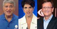 Cléber Machado, Mariana Godoy e Sergio Maurício: trocar o nome da emissora atual pelo da Globo pode ser apenas falha de memória  Foto: Divulgação/Reprodução