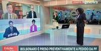 GloboNews colocou duas apresentadoras para comandar o início da cobertura da prisão de Bolsonaro, além de chamar repórteres para o estúdio e fez comentarista entrar no ar da casa dele  Foto: Reprodução/TV