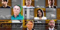 Colagem de fotos com o Congresso Nacional no fundo e fotos de Michelle, Jair, Flavio, Eduardo, Tarcísio, Jair Renan e Carlos Bolsonaro.  Foto: BBC News Brasil