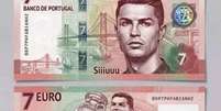 - Reprodução de Vídeo - Legenda: Nota falsa de 7 euros com a efígie de Cristiano Ronaldo circula nas redes sociais Foto: Jogada10