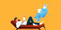 Ilustração de homem conversando com um terapeuta de inteligência artificial, com fundo laranja  Foto: Getty Images / BBC News Brasil