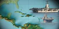 Composição de imagens mostra o mapa do continente americano centralizado na região do Caribe e dois porta-aviões dos Estados Unidos  Foto: BBC News Brasil