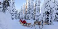 Papai Noel em tren&oacute; de renas, Ruka (Kuusamo), regi&atilde;o norte da Ostrob&oacute;tnia, Lap&ocirc;nia, Finl&acirc;ndia  Foto: Roberto Moiola/Sysaworld/Getty Images