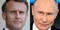 Fotomontagem com imagens de arquivo dos presidentes Emmanuel Macron (&agrave; esquerda) e Vladimir Putin.  Foto: AFP - LUDOVIC MARIN,ALEXANDER NEMENOV / RFI
