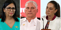 Os presidentes latino-americano Delcy Rodr&iacute;guez (Venezuela), D&iacute;az-Canel (Cuba) e Claudia Sheinbaum (M&eacute;xico)  Foto: Getty Images / BBC News Brasil