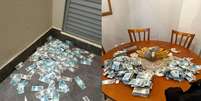 Dinheiro estava em uma mala que foi jogada pela janela de um apartamento em Balne&aacute;rio Cambori&uacute; (SC)  Foto: Divulga&ccedil;&atilde;o/Pol&iacute;cia Federal