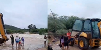 Mulher precisou ser levada por retroescavadeira até a outra margem do rio  Foto: Reprodução/Instagram