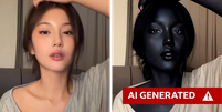 Riya Ulan (&agrave; esquerda) percebeu que seu v&iacute;deo havia sido manipulado para mostrar uma persona digital gerada por IA (&agrave; direita).  Foto: Riya Ulan (esq.) / Instagram (dir.) / BBC News Brasil