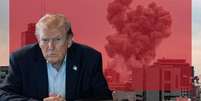 O presidente americano Donald Trump em uma montagem com cenas da guerra no Ir&atilde; ao fundo  Foto: Getty Images / BBC News Brasil