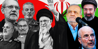 Imagem composta exibindo uma montagem, sobreposta &agrave; bandeira iraniana, de fotografias de Ali Larijani, Abdolrahim Mousavi, Mohammad Pakpour, Ali Shamkhani e do ex-l&iacute;der supremo do Ir&atilde;, o aiatol&aacute; Ali Khamenei, com a m&atilde;o esquerda levantada, todas em preto e branco; e 
do presidente Masoud Pezeshkian, Mohammad Bagher Ghalibaf e do l&iacute;der supremo Mojtaba Khamenei, todas coloridas.

  Foto: Getty Images / BBC News Brasil