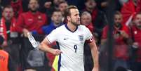 Harry Kane (Inglaterra) celebrando seu gol contra a Alb&acirc;nia, no dia 16.11.2025. Foto: PA Images / Alamy