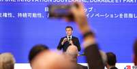 Em T&oacute;quio, o presidente franc&ecirc;s, Emmanuel Macron, discursa no F&oacute;rum de Coopera&ccedil;&atilde;o Econ&ocirc;mica entre a Fran&ccedil;a e o Jap&atilde;o. 1&ordm; de abril de 2026  Foto: REUTERS - Issei Kato / RFI