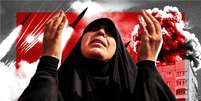 Imagem tratada de uma mulher iraniana usando hijab e roupas pretas, levantando as m&atilde;os em desespero, com um fundo vermelho ao lado de imagens sobrepostas de explos&otilde;es em um edif&iacute;cio e m&iacute;sseis no ar  Foto: Getty Images / BBC News Brasil