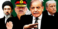 Imagem composta com o l&iacute;der supremo do Ir&atilde;, Mojtaba Khamenei, o chefe militar do Paquist&atilde;o, o marechal-de-campo Marshal Asim Munir, o primeiro-ministro paquistan&ecirc;s, Shehbaz Sharif, e o presidente dos Estados Unidos, Donald Trump, sobrepostos sobre bandeira do Paquist&atilde;o  Foto: BBC/Getty Images / BBC News Brasil
