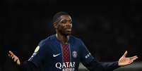 Ousmane Demb&eacute;l&eacute; (PSG) celebrando seu gol contra o Toulouse, no dia 03.04.2026. Foto: Le Pictorium / Alamy