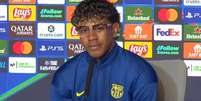 Lamine Yamal em entrevista coletiva da Champions League. Foto: Reprodução/Mundo Deportivo / Estadão