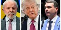 Colagem de fotos com imagens de Lula, Trump e Flávio  Foto: Reuters / EPA/Shutterstock / Agência Senado / BBC News Brasil