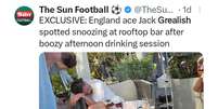 Jack Grealish foi flagrado dormindo em um bar - Reprodu&ccedil;&atilde;o/Twitter Foto: Jogada10