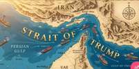Presidente republicou montagem que rebatizou Estreito de Ormuz  Foto: Reprodu&ccedil;&atilde;o/Truth Social/@realDonaldTrump / Estad&atilde;o