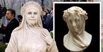 A modelo Heidi Klum, ao lado da escultura 'Vestal Velada', de Raffaelle Monti Foto: Getty Images/Museu Metropolitano de Arte de Nova York / BBC News Brasil