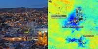 No mapa do sat&eacute;lite da Nasa, &aacute;reas em azul indicam afundamento mais percept&iacute;vel na Cidade do M&eacute;xico, com at&eacute; 2 cent&iacute;metros por m&ecirc;s entre outubro de 2025 e janeiro de 2026  Foto: NASA / Perfil Brasil