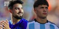 Foto: Reprodu&ccedil;&otilde;es/Instagram - Legenda: Flaco L&oacute;pez e Giay com a camisa da sele&ccedil;&atilde;o argentina / Jogada10