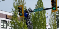 Moto fica presa em farol após acidente de trânsito no Canadá  Foto: Reprodução/X