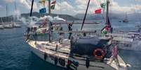 Barcos da flotilha Global Sumud, transportando ativistas e ajuda humanit&aacute;ria, partiram rumo &agrave; Faixa de Gaza do porto de Marmaris, na Turquia, em 14 de maio de 2026.  Foto: RFI