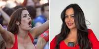 Larissa Riquelme &eacute; fotografada durante Copa de 2010 | Anos depois, Larissa posa com celular entre os seios  Foto: Reprodu&ccedil;&atilde;o | Instagram
