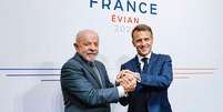 Lula fez sua primeira reunião bilateral às margens do G7 com Emmanuel Macron, presidente da França e anfitrião do evento  Foto: Ricardo Stuckert / PR / BBC News Brasil