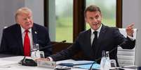 O presidente dos Estados Unidos, Donald Trump (esquerda) e o presidente da Fran&ccedil;a, Emmanuel Macron, na c&uacute;pula do G7 em &Eacute;vian. Em 16 de junho de 2026.  Foto: RFI