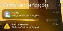 Usuários receberam um alerta da Defesa Civil com a palavra "misantropia" que significa aversão ou rejeição à humanidade.  Foto: Reprodução / Estadão