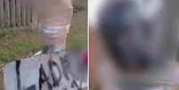 Homem apontado como 'ladrão' por moradores foi amarrado em poste, enrolado em fitas adesivas e teve o rosto pintado  Foto: Reprodução