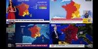 Imagem de diferentes canais de not&iacute;cias franceses exibindo um mapa da Fran&ccedil;a, durante o pico da onda de calor, em 24 de junho de 2026.  Foto: AFP - JOEL SAGET / RFI