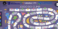 Tabuleiro do "Jogo do Clima", que guia as crianças por 46 casas que abordam temas de meteorologia e biodiversidade através de animais e fenômenos naturais.  Foto: @entrando_no_clima / The Conversation