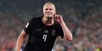 Erling Haaland (Noruega) celebrando seu gol contra o Senegal, no dia 22.06.2026.   Foto: Associated Press / Alamy