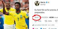 Post foi feito por Vini Jr logo ap&oacute;s o jogador perder a Bola de Ouro para Rodri, em 2024  Foto: Reprodu&ccedil;&atilde;o/Redes sociais/@vinijr