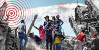 Uma montagem exibindo fotografias de operações de busca e resgate em meio aos escombros, com um mapa da Venezuela ao fundo.  Foto: BBC News Brasil