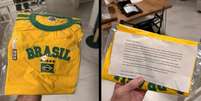 Cliente recebe camisa do Brasil ap&oacute;s elimina&ccedil;&atilde;o com carta da loja pedindo que n&atilde;o devolva o produto.  Foto: Reprodu&ccedil;&atilde;o/ Redes Sociais