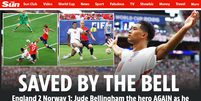 "Jude Bellingham volta a ser her&oacute;i ao marcar dois gols brilhantes e levar os Tr&ecirc;s Le&otilde;es &agrave; semifinal da Copa do Mundo".  Foto: Reprodu&ccedil;&atilde;o/ The Sun