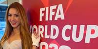 Shakira posa em backdrop da Copa do Mundo  Foto: Reprodu&ccedil;&atilde;o | Instagram