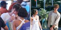 Shawn Mendes comendo pastel com Bruna Marquezine | Shawn Mendes e Bruna carregando sacolas  Foto: AGNEWS | Dilson Silva