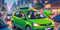 Imagem produzida por IA de taxista levando passageiro em t&aacute;xi da Duolingo Foto: Gemini / Xataka