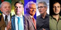 Lula (PT), Fl&aacute;vio Bolsonaro (PL), Ronaldo Caiado (PSD), Romeu Zema (Novo) e Renan Santos (Miss&atilde;o), candidatos &agrave; Presid&ecirc;ncia da Rep&uacute;blica  Foto: Wilton Junior/Tiago Queiroz/Cau&ecirc; Del Valle/Divulga&ccedil;&atilde;o MBL/Taba Benedicto / Estad&atilde;o