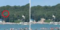 Montagem de imagens de pessoas na &aacute;gua do mar enquanto drone cai e explode  Foto: Reuters / BBC News Brasil