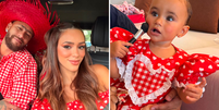 Neymar, Bruna Biancardi e Mavie, filha de 2 anos do casal prontos para a "festa agostina".  Foto: Reprodu&ccedil;&atilde;o/ Redes Sociais