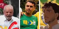 Trechos dos clipes musicais de Luiz Inácio Lula da Silva (PT), Flávio Bolsonaro (PL) e Renan Santos (Missão)   Foto: Reprodução/Youtube
