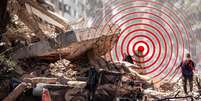 Imagem composta com a foto de um edif&iacute;cio derrubado durante o terremoto na Col&ocirc;mbia e o desenho de c&iacute;rculos conc&ecirc;ntricos, indicando ondas em expans&atilde;o  Foto: BBC News Brasil